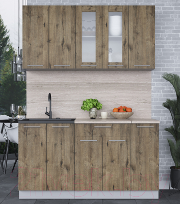 Кухонный гарнитур Интерлиния Мила 15 (дуб веллингтон/дуб веллингтон/травертин серый)