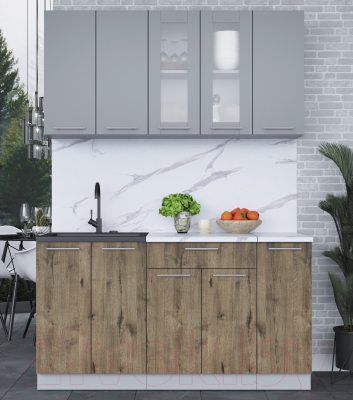 Кухонный гарнитур Интерлиния Мила 15 (серебро/дуб веллингтон/белый гранит)