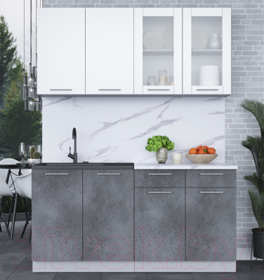 Кухонный гарнитур Интерлиния Мила 16 (белый платинум/бетон портленд/белый гранит)