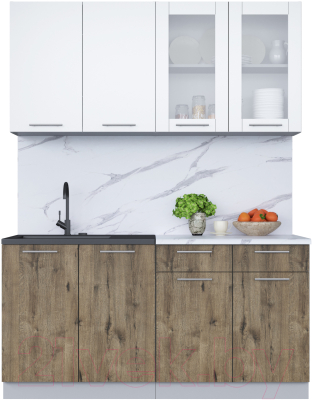 Кухонный гарнитур Интерлиния Мила 16 (белый платинум/дуб веллингтон/белый гранит) - фото