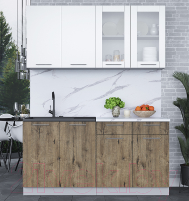 Кухонный гарнитур Интерлиния Мила 16 (белый платинум/дуб веллингтон/белый гранит)