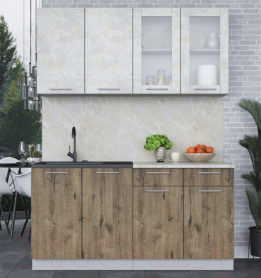 Кухонный гарнитур Интерлиния Мила 16 (бетон лайт/дуб веллингтон/опал светлый)