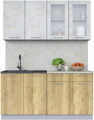 Кухонный гарнитур Интерлиния Мила 16 (бетон лайт/дуб золотой/опал светлый) - фото
