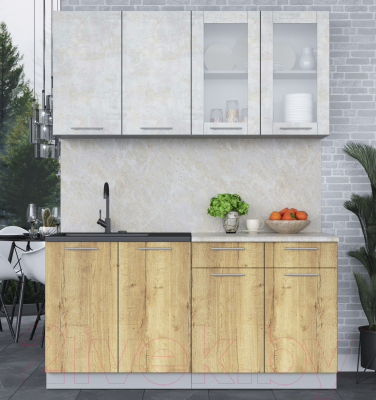 Кухонный гарнитур Интерлиния Мила 16 (бетон лайт/дуб золотой/опал светлый)