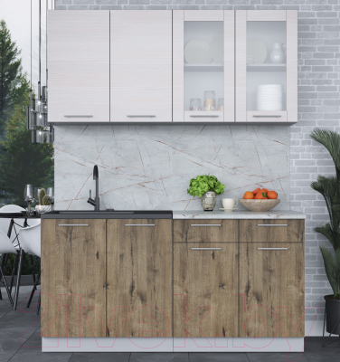 Кухонный гарнитур Интерлиния Мила 16 (вудлайн кремовый/дуб веллингтон/серый каспий)