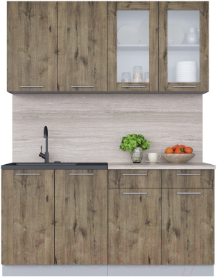 Кухонный гарнитур Интерлиния Мила 16 (дуб веллингтон/дуб веллингтон/травертин серый) - фото