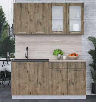 Кухонный гарнитур Интерлиния Мила 16 (дуб веллингтон/дуб веллингтон/травертин серый)