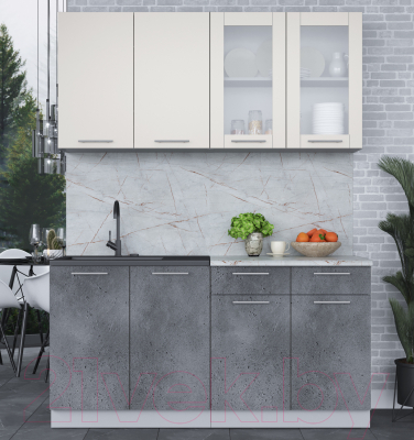 Кухонный гарнитур Интерлиния Мила 16 (персидский жемчуг/бетон портленд/серый каспий)