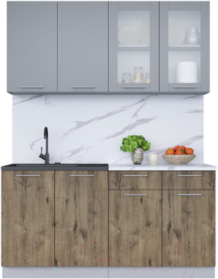 Кухонный гарнитур Интерлиния Мила 16 (серебро/дуб веллингтон/белый гранит) - фото