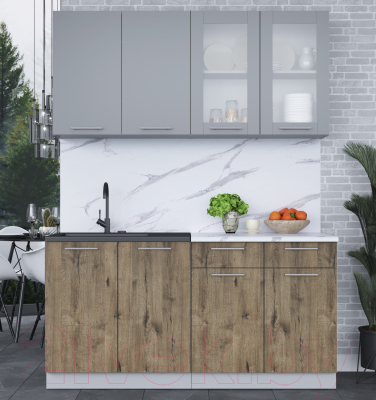 Кухонный гарнитур Интерлиния Мила 16 (серебро/дуб веллингтон/белый гранит)