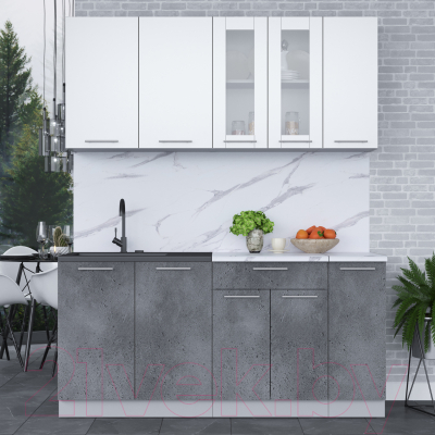 Кухонный гарнитур Интерлиния Мила 17 (белый платинум/бетон портленд/белый гранит)