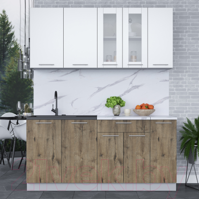 Кухонный гарнитур Интерлиния Мила 17 (белый платинум/дуб веллингтон/белый гранит)