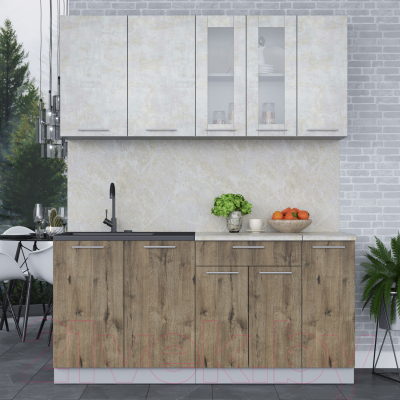 Кухонный гарнитур Интерлиния Мила 17 (бетон лайт/дуб веллингтон/опал светлый)