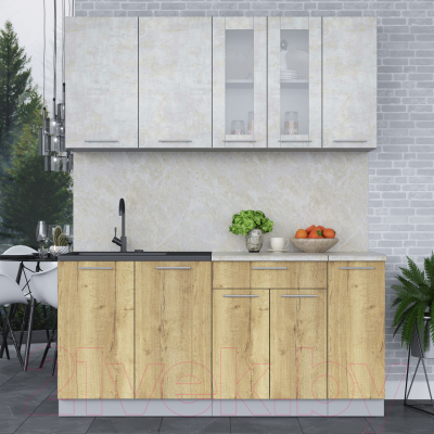 Кухонный гарнитур Интерлиния Мила 17 (бетон лайт/дуб золотой/опал светлый)