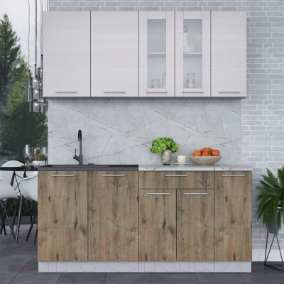 Кухонный гарнитур Интерлиния Мила 17 (вудлайн кремовый/дуб веллингтон/серый каспий)