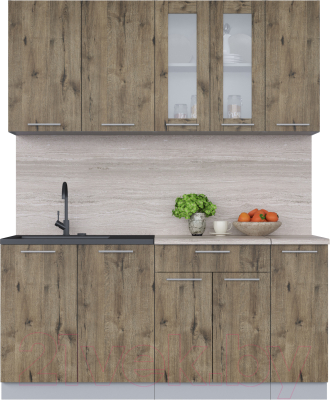 Кухонный гарнитур Интерлиния Мила 17 (дуб веллингтон/дуб веллингтон/травертин серый) - фото