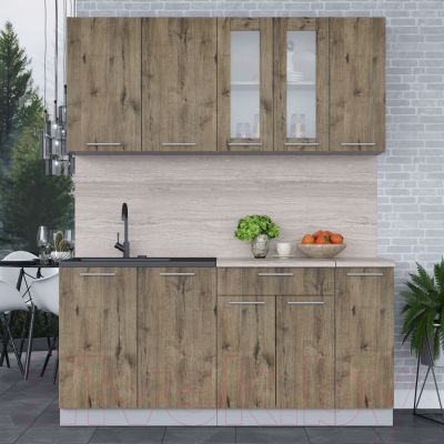 Кухонный гарнитур Интерлиния Мила 17 (дуб веллингтон/дуб веллингтон/травертин серый)