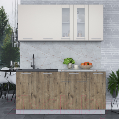 Кухонный гарнитур Интерлиния Мила 17 (персидский жемчуг/дуб веллингтон/серый каспий)