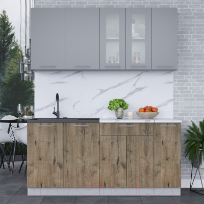 Кухонный гарнитур Интерлиния Мила 17 (серебро/дуб веллингтон/белый гранит)