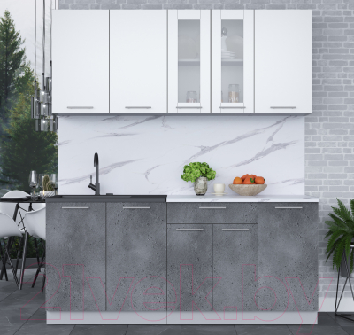 Кухонный гарнитур Интерлиния Мила 18 (белый платинум/бетон портленд/белый гранит)