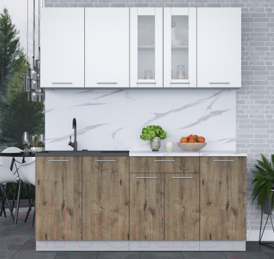 Кухонный гарнитур Интерлиния Мила 18 (белый платинум/дуб веллингтон/белый гранит)