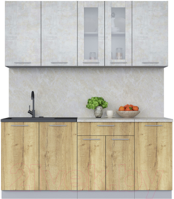 Кухонный гарнитур Интерлиния Мила 18 (бетон лайт/дуб золотой/опал светлый) - фото