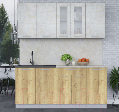 Кухонный гарнитур Интерлиния Мила 18 (бетон лайт/дуб золотой/опал светлый)