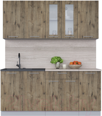 Кухонный гарнитур Интерлиния Мила 18 (дуб веллингтон/дуб веллингтон/травертин серый) - фото