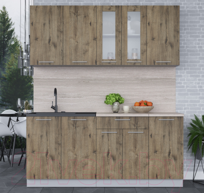 Кухонный гарнитур Интерлиния Мила 18 (дуб веллингтон/дуб веллингтон/травертин серый)