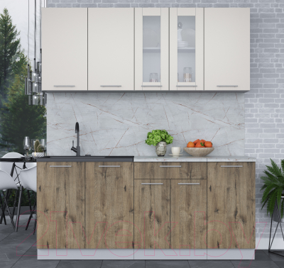 Кухонный гарнитур Интерлиния Мила 18 (персидский жемчуг/дуб веллингтон/серый каспий)