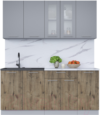 Кухонный гарнитур Интерлиния Мила 18 (серебро/дуб веллингтон/белый гранит) - фото