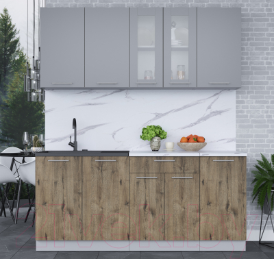 Кухонный гарнитур Интерлиния Мила 18 (серебро/дуб веллингтон/белый гранит)