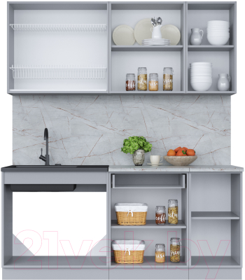 Кухонный гарнитур Интерлиния Мила 18 (серебро/дуб веллингтон/белый гранит)