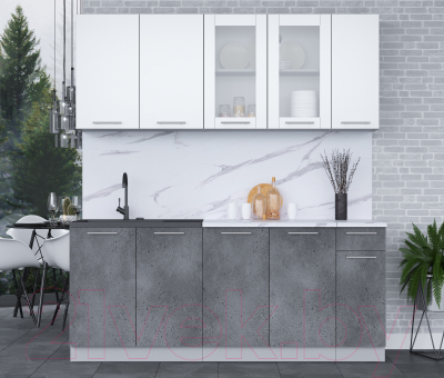 Кухонный гарнитур Интерлиния Мила 19 (белый платинум/бетон портленд/белый гранит)