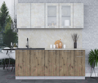 Кухонный гарнитур Интерлиния Мила 19 (бетон лайт/дуб веллингтон/опал светлый)