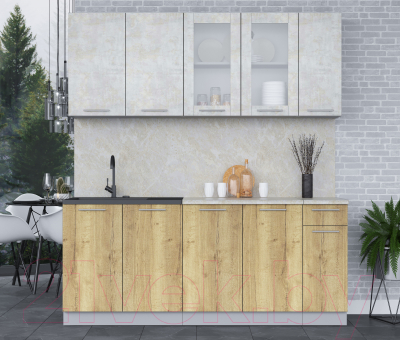 Кухонный гарнитур Интерлиния Мила 19 (бетон лайт/дуб золотой/опал светлый)