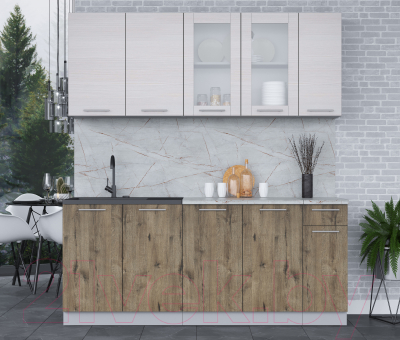 Кухонный гарнитур Интерлиния Мила 19 (вудлайн кремовый/дуб веллингтон/серый каспий)