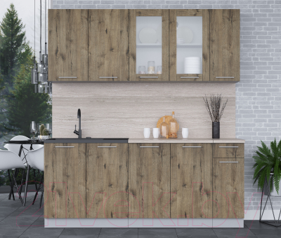 Кухонный гарнитур Интерлиния Мила 19 (дуб веллингтон/дуб веллингтон/травертин серый)