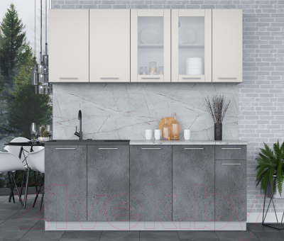 Кухонный гарнитур Интерлиния Мила 19 (персидский жемчуг/бетон портленд/серый каспий)