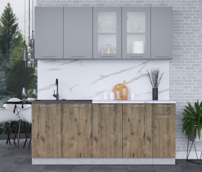 Кухонный гарнитур Интерлиния Мила 19 (серебро/дуб веллингтон/белый гранит)