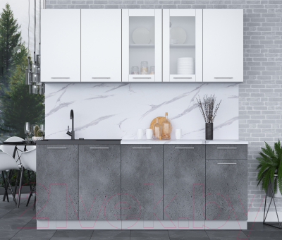 Кухонный гарнитур Интерлиния Мила 20 (белый платинум/бетон портленд/белый гранит)