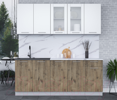 Кухонный гарнитур Интерлиния Мила 20 (белый платинум/дуб веллингтон/белый гранит)