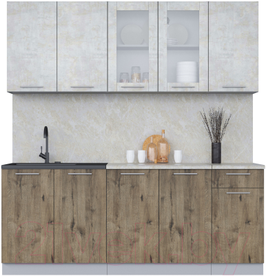 Кухонный гарнитур Интерлиния Мила 20 (бетон лайт/дуб веллингтон/опал светлый) - фото