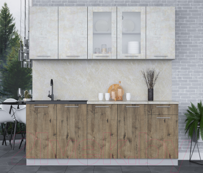 Кухонный гарнитур Интерлиния Мила 20 (бетон лайт/дуб веллингтон/опал светлый)