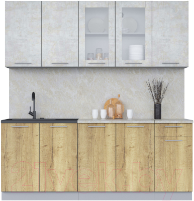 Кухонный гарнитур Интерлиния Мила 20 (бетон лайт/дуб золотой/опал светлый) - фото