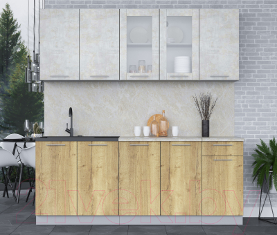 Кухонный гарнитур Интерлиния Мила 20 (бетон лайт/дуб золотой/опал светлый)