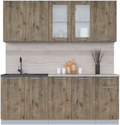 Кухонный гарнитур Интерлиния Мила 20 (дуб веллингтон/дуб веллингтон/травертин серый) - фото
