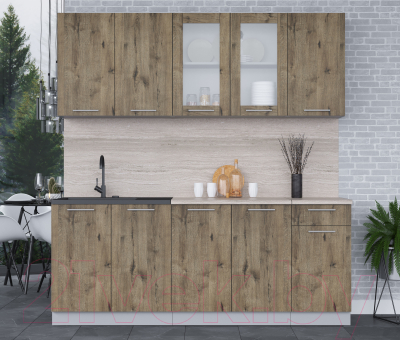 Кухонный гарнитур Интерлиния Мила 20 (дуб веллингтон/дуб веллингтон/травертин серый)