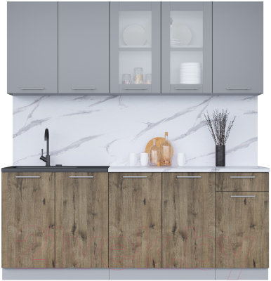 Кухонный гарнитур Интерлиния Мила 20 (серебро/дуб веллингтон/белый гранит) - фото