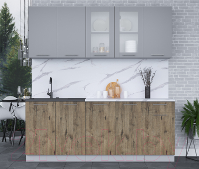 Кухонный гарнитур Интерлиния Мила 20 (серебро/дуб веллингтон/белый гранит)